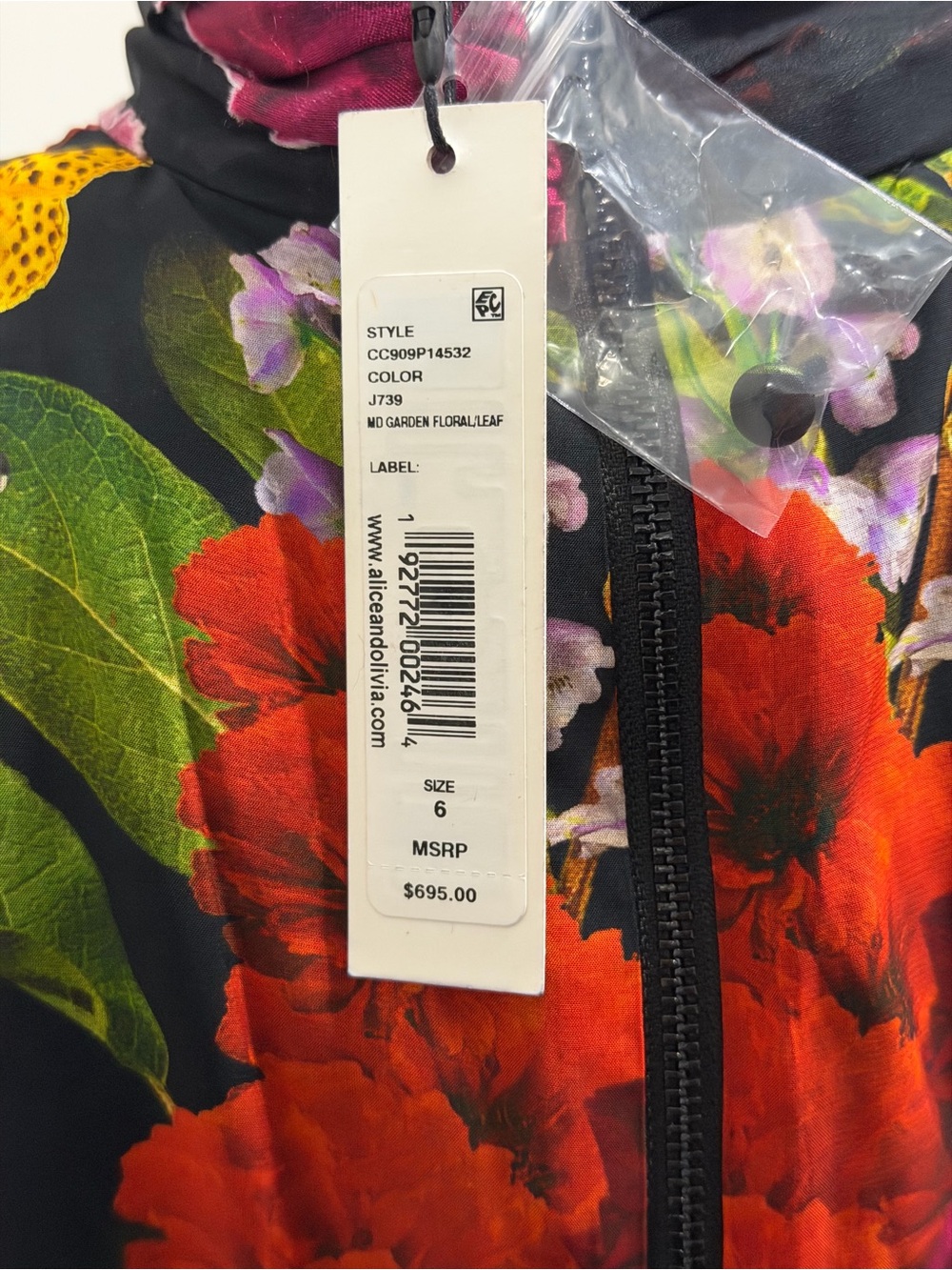 Alice + Olivia Black Floral High-Low Puff Sleeve Tie-Neck Dress - Picture 7 of 8